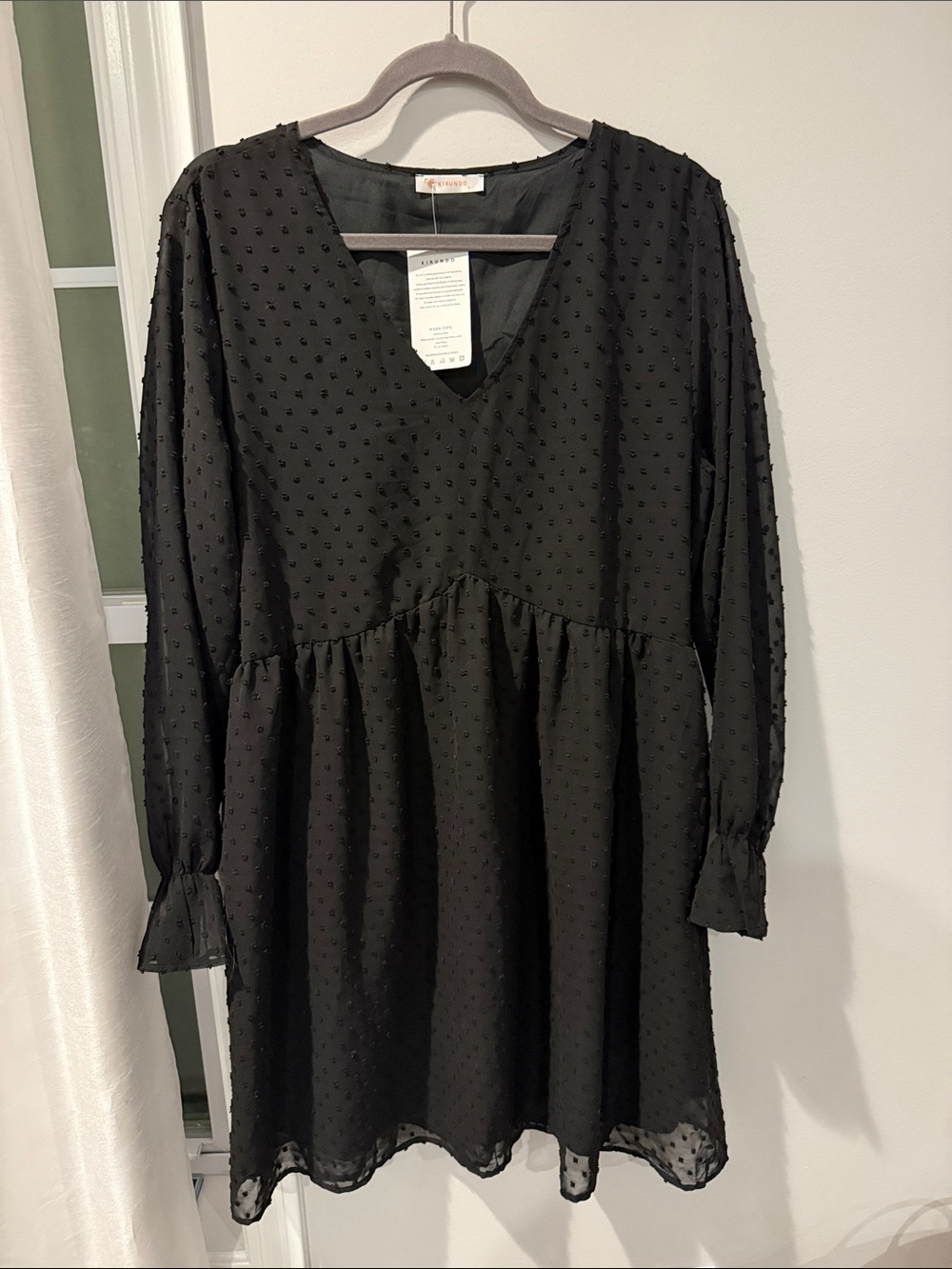 Swiss Dot Black V-Neck Long Sleeve Dress